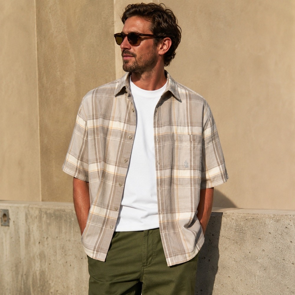 Vintage 90s Nautica Plaid Shirt Mens Large Short Sleeve Button Up Tan Cotton‎ L